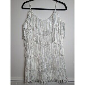 NYLON APPAREL Rhinestone Fringe Dress White Spaghetti Strap Party Festival Sz M